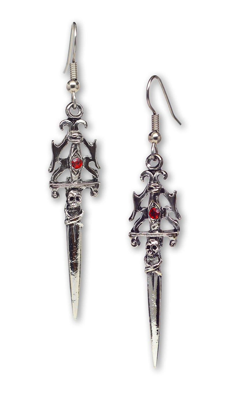 Real Metal Gothic Skull Dagger Medieval Renaissance Dangle Earrings with Red Austrian Crystals - Image 1